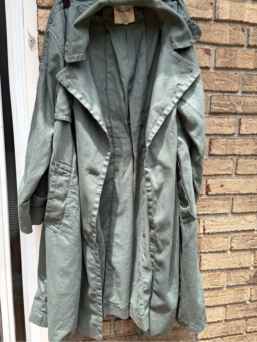 Madewell Linen-Cotton Duster Trench Coat | Sage Green | Hooded - Picture 2 of 4